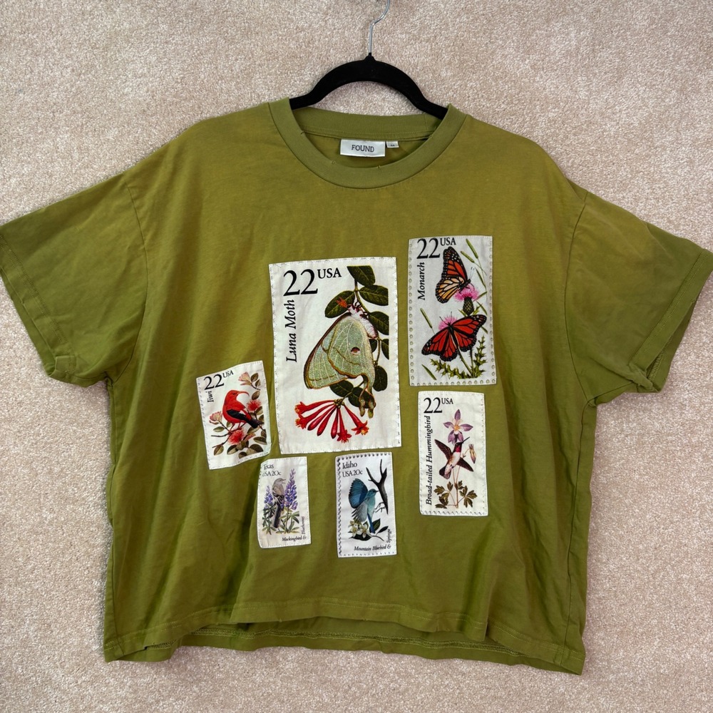 FREE PEOPLE X FOUND Stamp T-Shirt Women's Medium Green Boxy Nature Tee